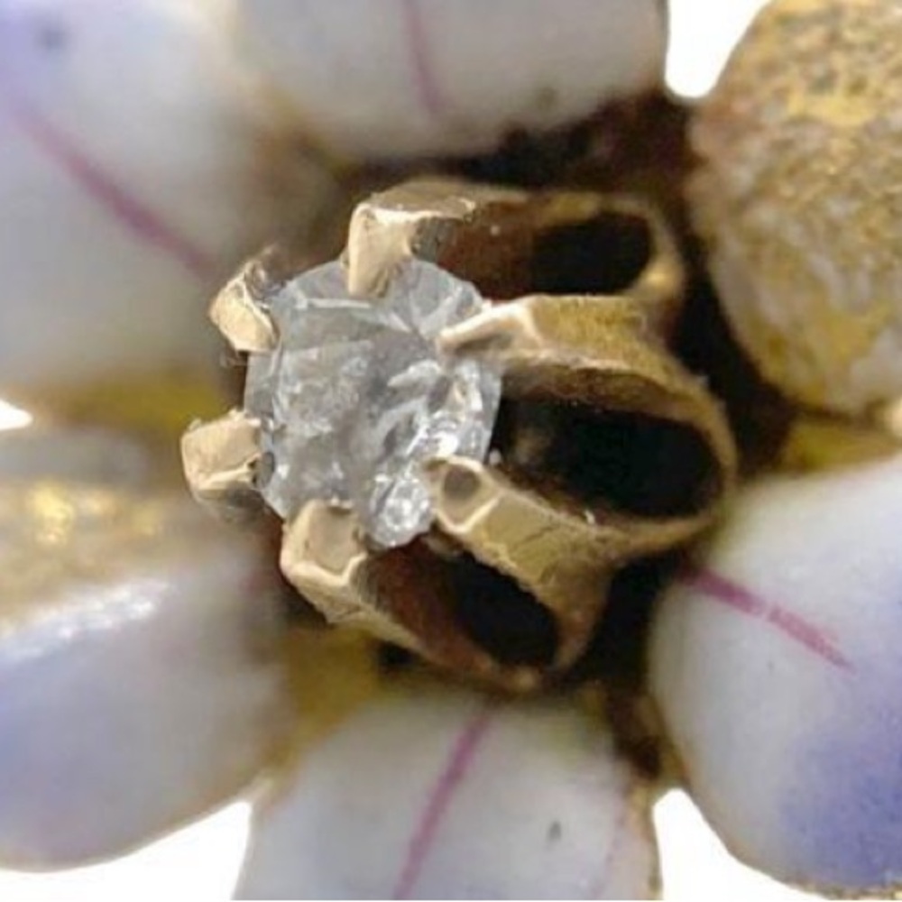 Antique Victorian Forget-Me-Not Enamel Ring, 10K Gold, Mine Cut Diamond, c.1880s - Picture 4 of 10